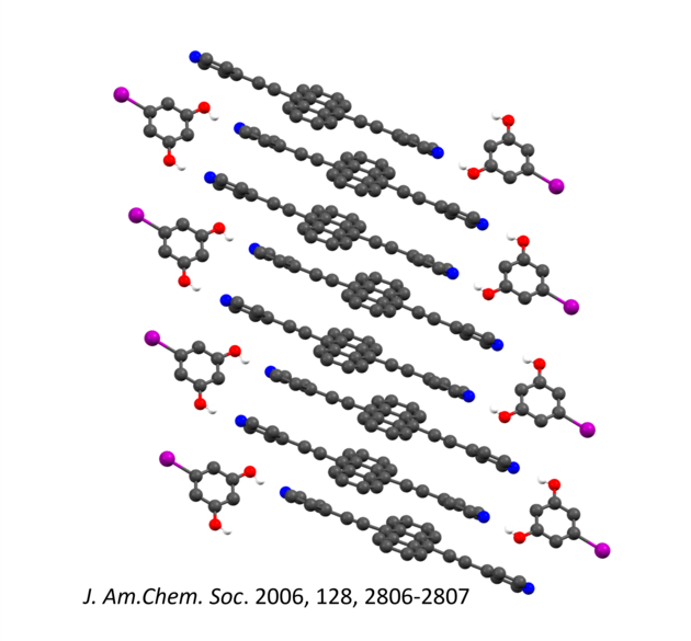A crystal structure showing anthracene derivatives staked on top of each other and held in place by hydrogen bonding 