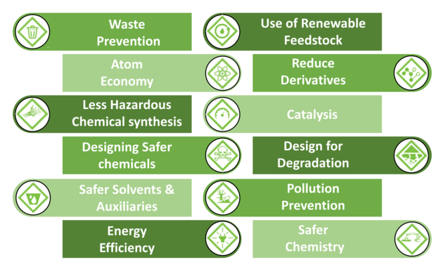 The twelve principals of green chemistry (1. Waste prevention, 2. Atom economy, 3. Less hazardous synthesis, 4. designing safer chemicals, 5. safer solvents and auxiliaries, 6. energy efficiency, 7. Use of renewable feedstock, 8. Reduce Derivatives, 9. Catalysis, 10. Design for Degradation, 11. Pollution Prevention, 12. Safer Chemistry.)     