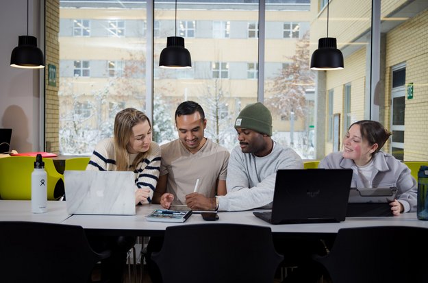 Quatre personnes étudiantes travaillent en collaboration, installés à une table dans un éclairage tamisé