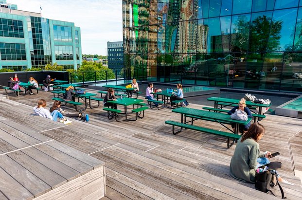 Personnes assises à des tables à pique-nique vertes dans une aire de repas extérieure sur un toit.