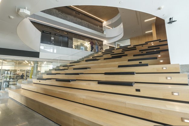 Auditorium ultra moderne avec bancs en bois clair et plafond avec ouverture en arrondi donnant vue sur les mezzanines