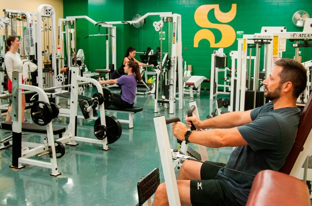Personnes qui utilisent des appareils de musculation dans une salle d’entraînement aux murs verts.