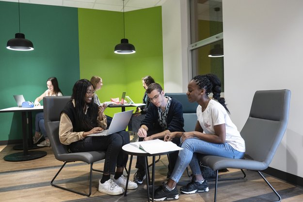 Trois personnes étudiantes installées dans des chaises décontractées autour d'une table basse dans une salle aux tons de verts de l'UdeS