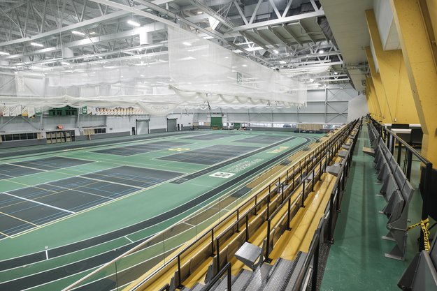 Stade intérieur vu depuis les estrades, aux couleurs de l'équipe vert et or.