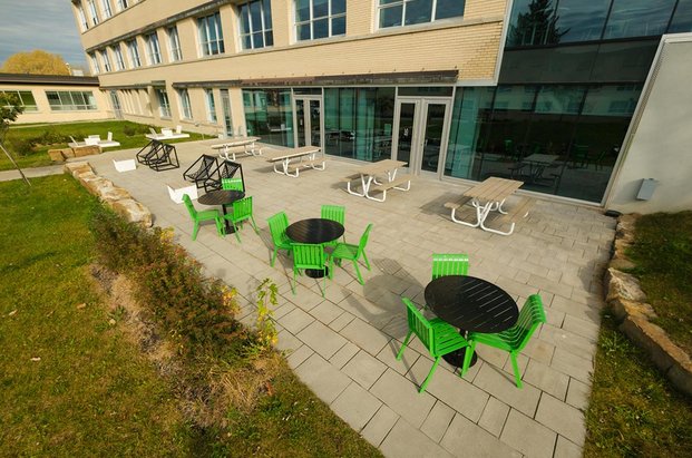 Terrasse longeant le pavillon, avec des tables à pique-nique, des tables rondes et des chaises vertes..