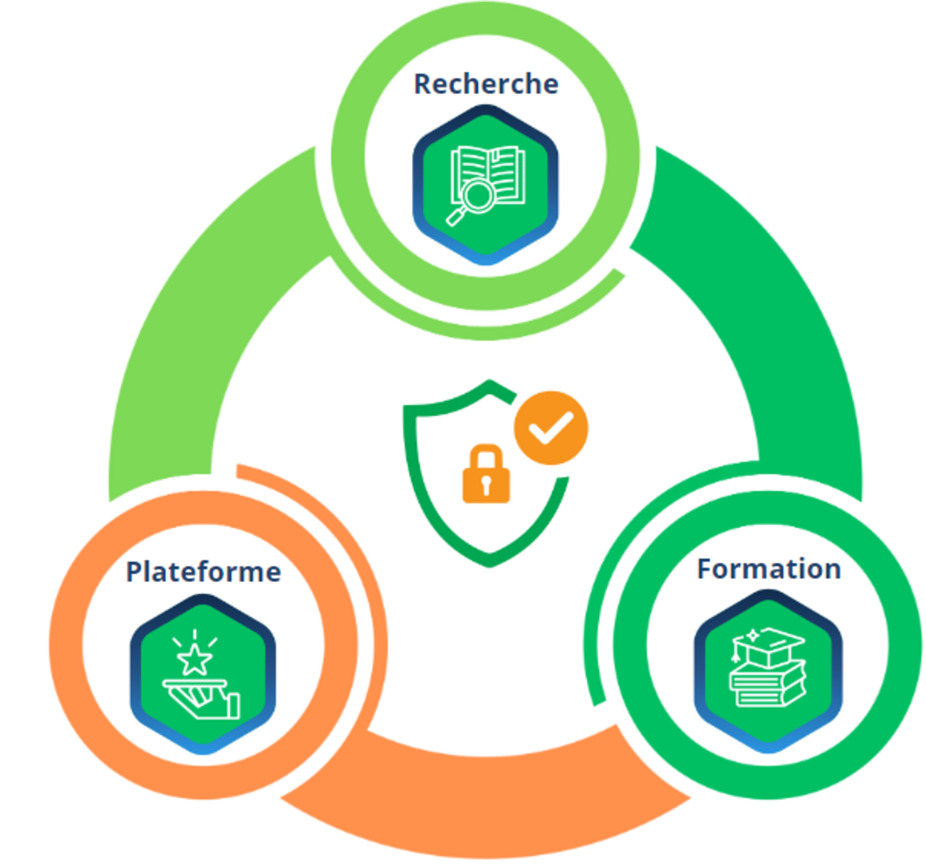 Schéma illustrant la complémentarité des trois composantes distinctive du Pôle : recherche, formation et plateforme