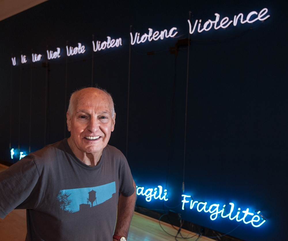 André Fournelle, Violence/Fragilité, 2014. Tubes de néon blanc et bleu, 8 fils à plomb, 3 x 8 m.