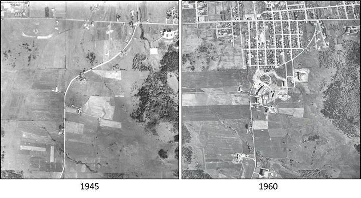 Évolution de l'Université de Sherbrooke et de son quartier entre 1945 (photo A9457-112) et 1960 (photo R6017-178).