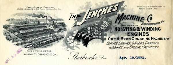 Papier à en-tête de la Jenckes Machine Company, extrait (19 avril 1902). Graveur inconnu.