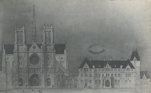 Dessin de la façade est de la Basilique-Cathédrale Saint-Michel de Sherbrooke