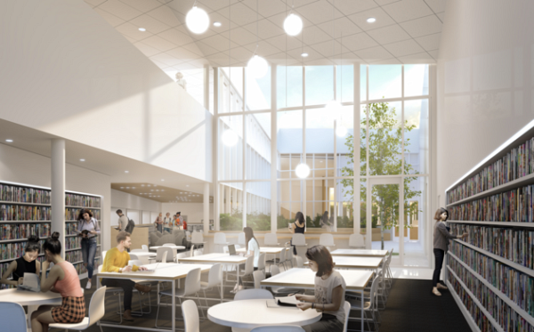Projection de la future aire de travail intérieure de la nouvelle Bibliothèque du Campus de la santé, un lieu qui contribuera à bonifier l'expérience de la communauté du campus.
