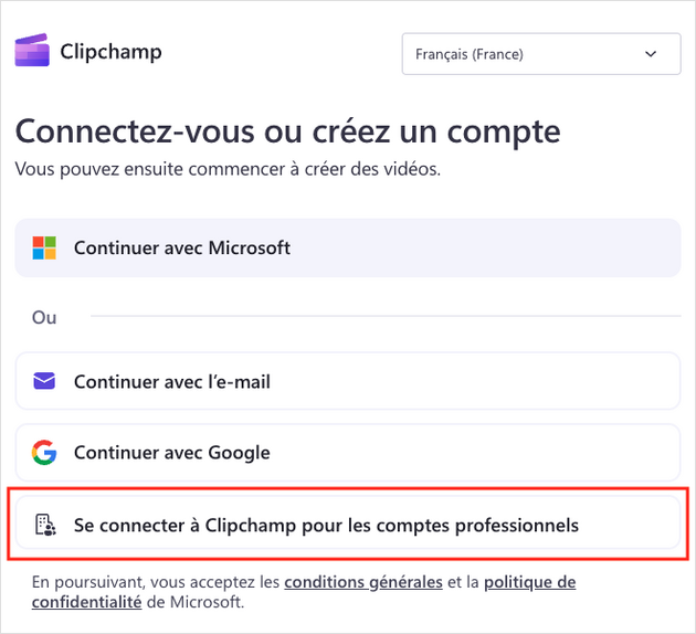 Interface de connexion de Clipchamp