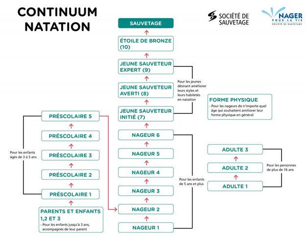 Parents et enfant 1, 2, 3 ensuite préscolaire 1, 2, 3, 4, 5, ensuite Nageur 1, 2, 3, 4, 5, 6, 7, 8, 9 et 10